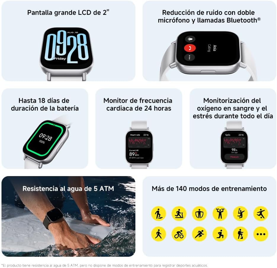 XIAOMI Redmi Watch 5 Active, Llamadas Bluetooth, Pantalla LCD de 2 Pulgadas, Monitor de frecuencia cardíaca, 140 Modos Deportivos, hasta 18 días de autonomía, Plata