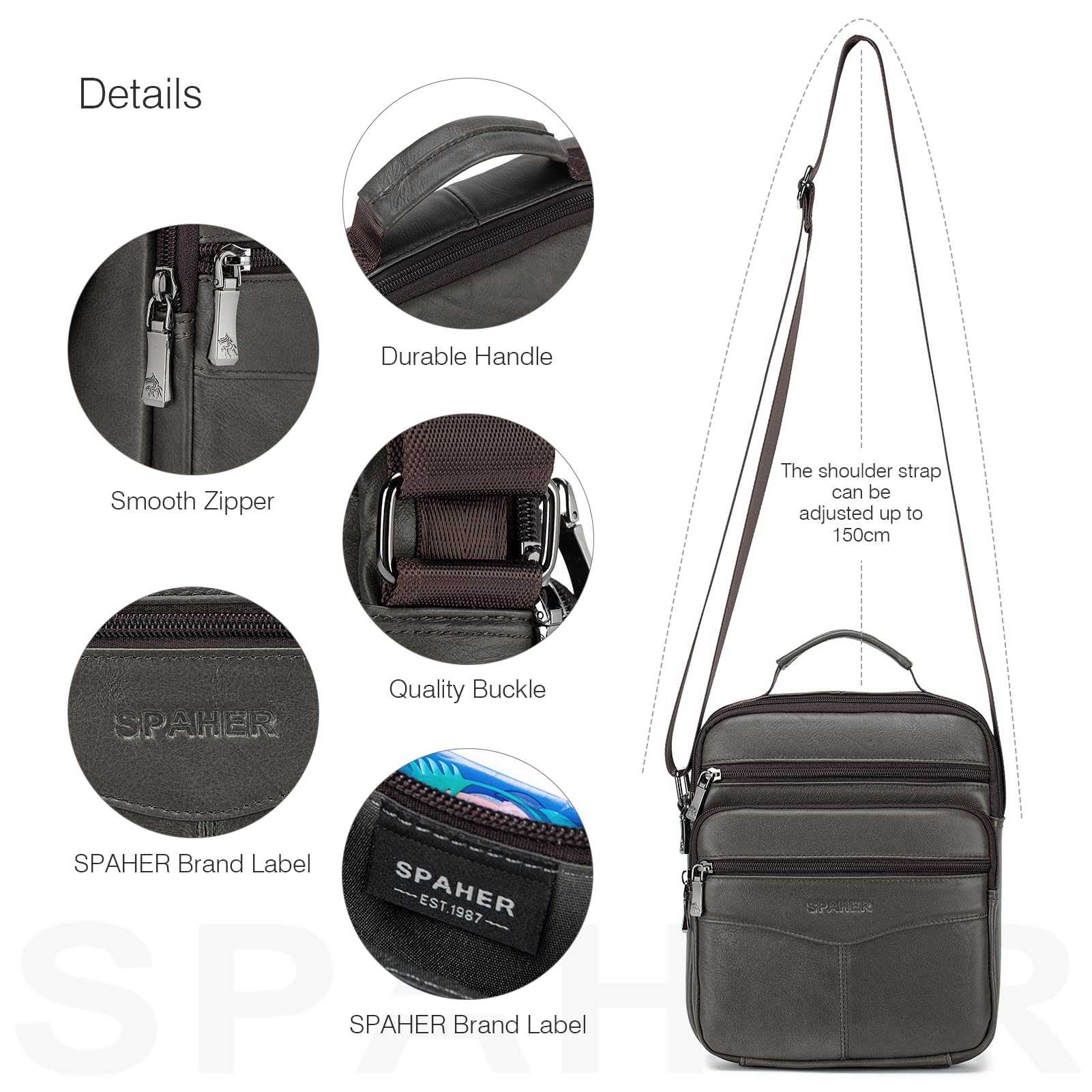 SPAHER Bandolera Hombre Piel Grande Bandolera Cuero Hombre Bolsos Caballero Bolso Mensajero Hombre Bandolera Bolso Hombre de Cuero Genuino Bolso de Piel Hombre