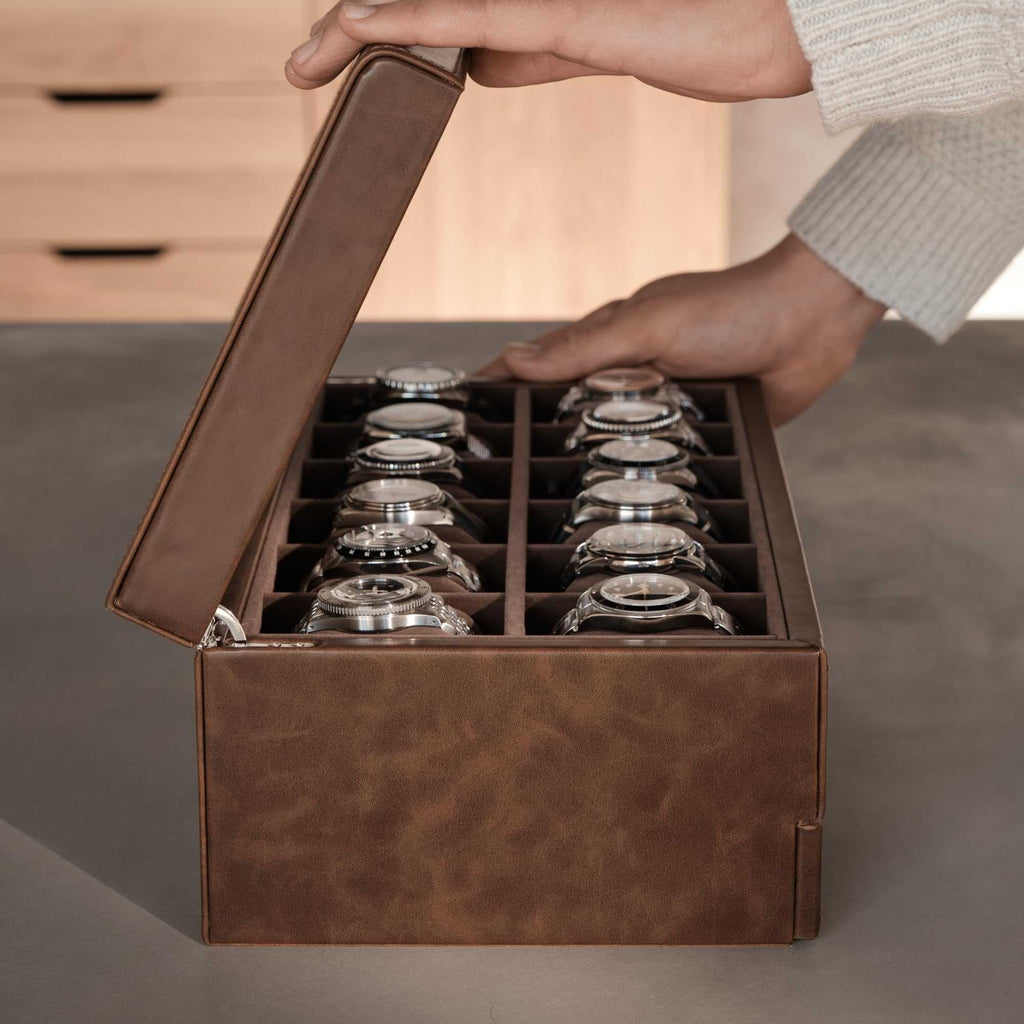 Caja de reloj de 12 ranuras con cajón de almacenamiento