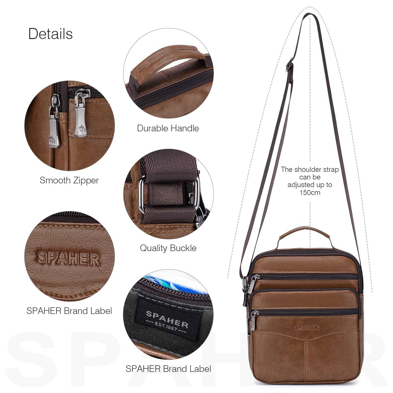 SPAHER Bandolera Hombre Piel Grande Bandolera Cuero Hombre Bolsos Caballero Bolso Mensajero Hombre Bandolera Bolso Hombre de Cuero Genuino Bolso de Piel Hombre
