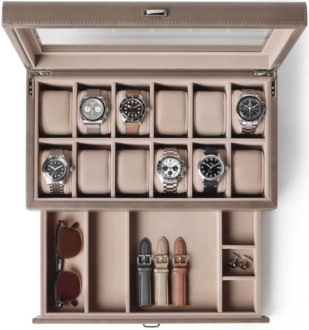 Caja de reloj de 12 ranuras con cajón de almacenamiento