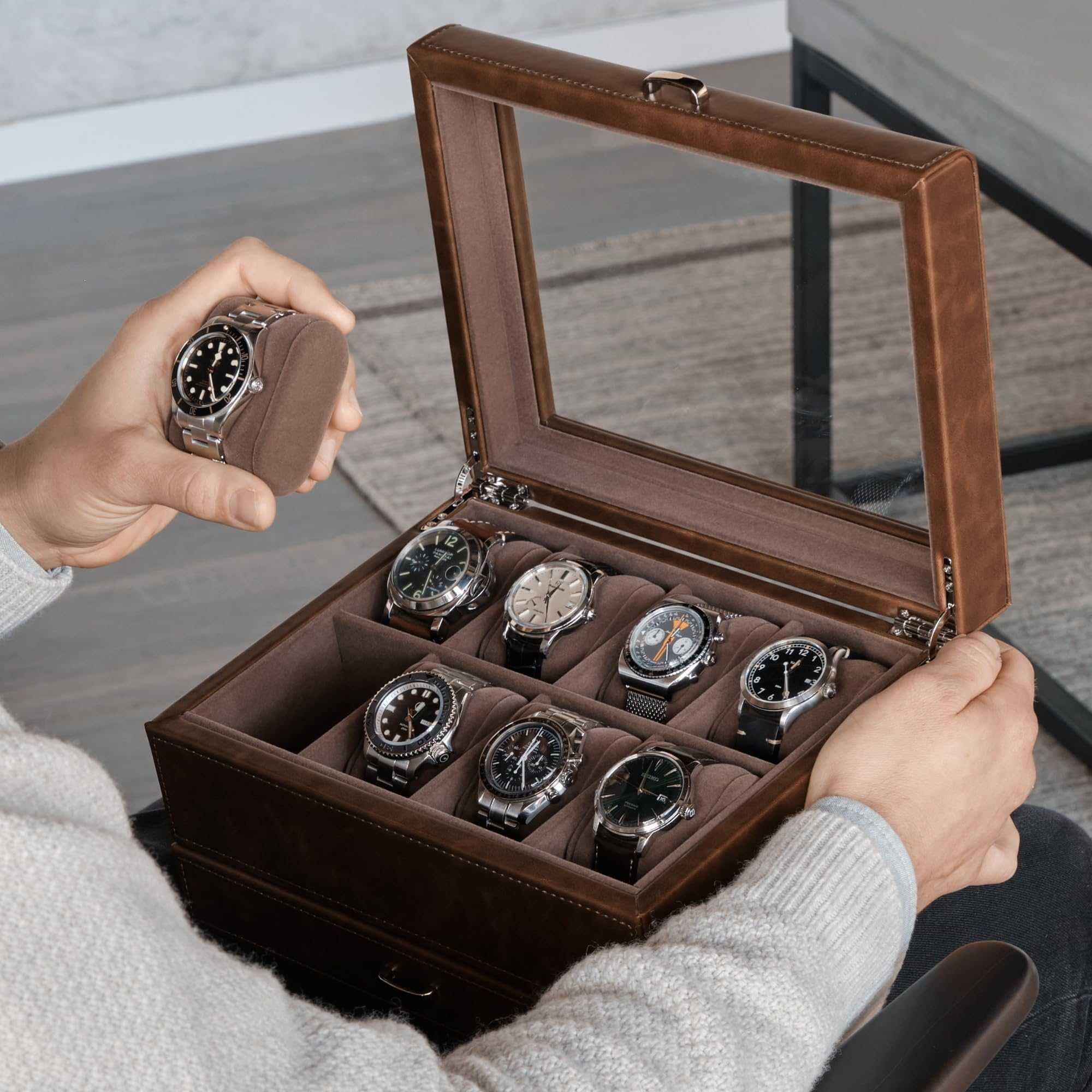Caja de reloj de 12 ranuras con cajón de almacenamiento