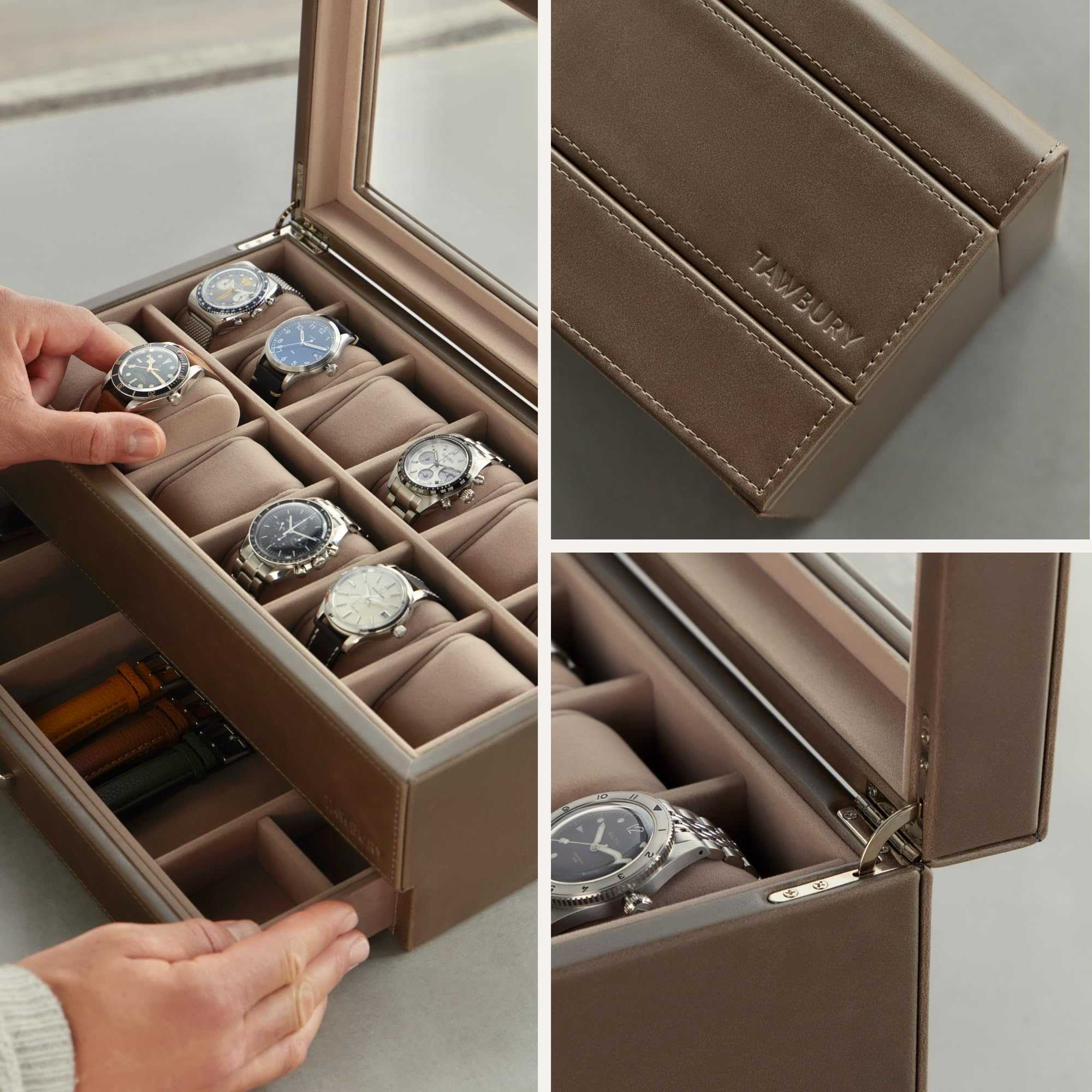 Caja de reloj de 12 ranuras con cajón de almacenamiento