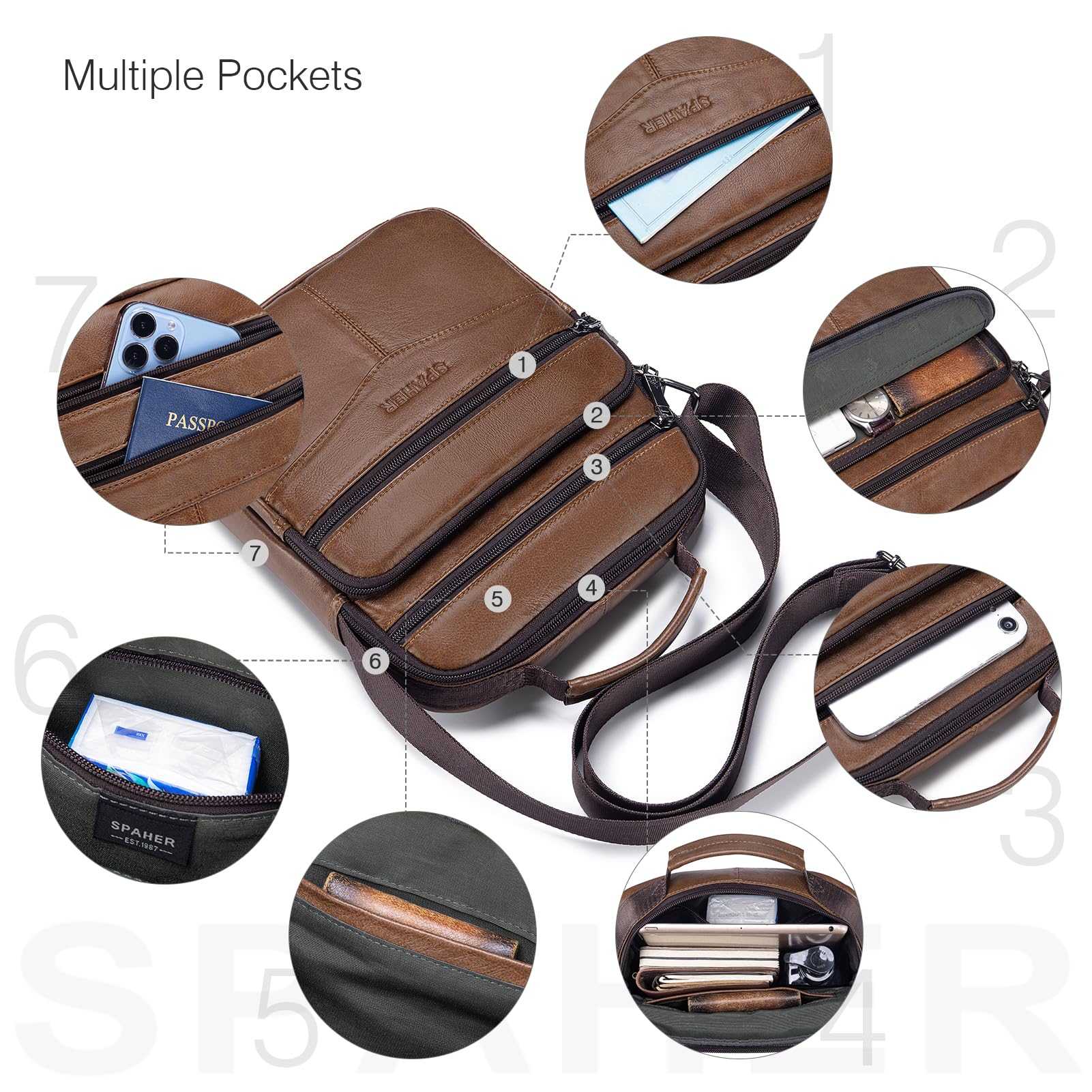 SPAHER Bandolera Hombre Piel Grande Bandolera Cuero Hombre Bolsos Caballero Bolso Mensajero Hombre Bandolera Bolso Hombre de Cuero Genuino Bolso de Piel Hombre