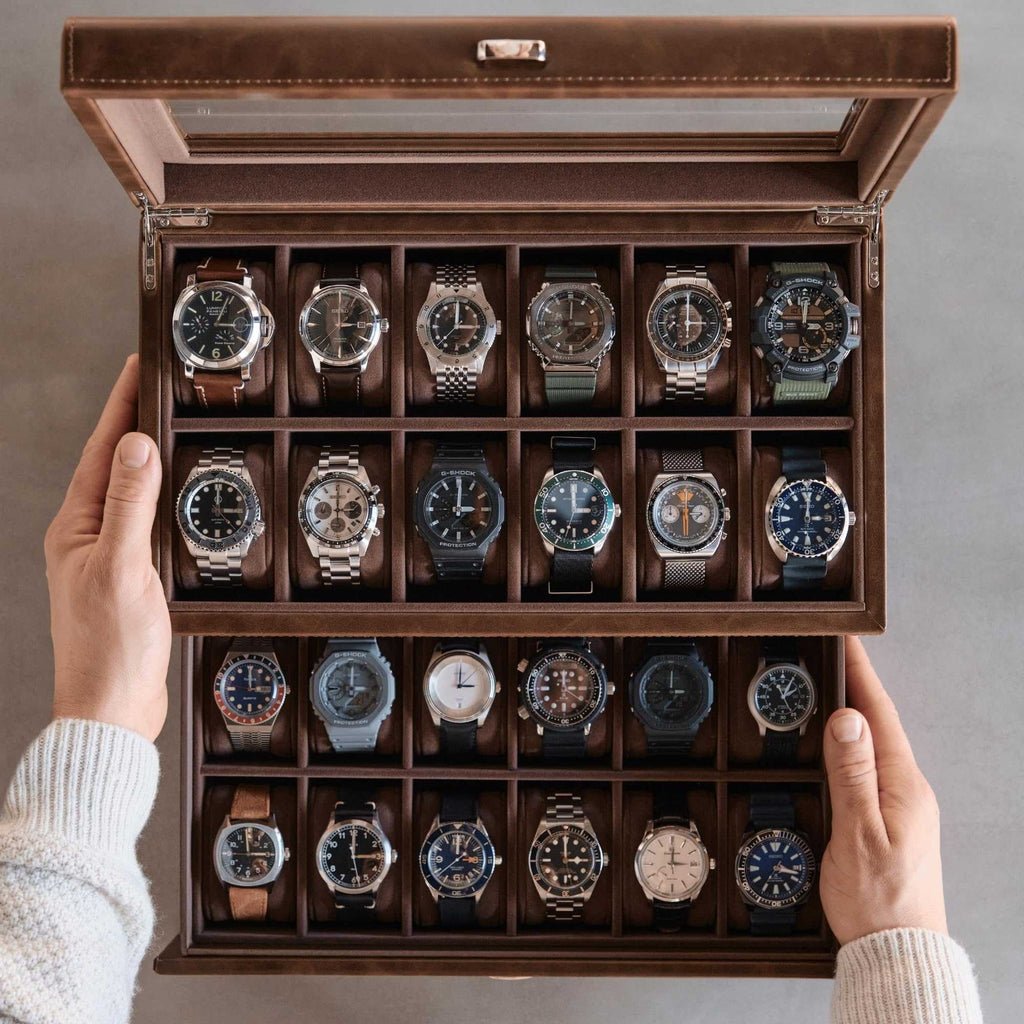 Caja de reloj de 12 ranuras con cajón de almacenamiento