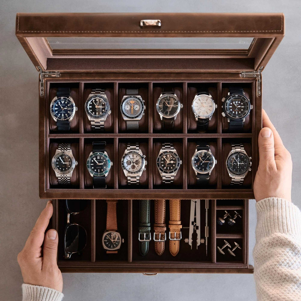 Caja de reloj de 12 ranuras con cajón de almacenamiento