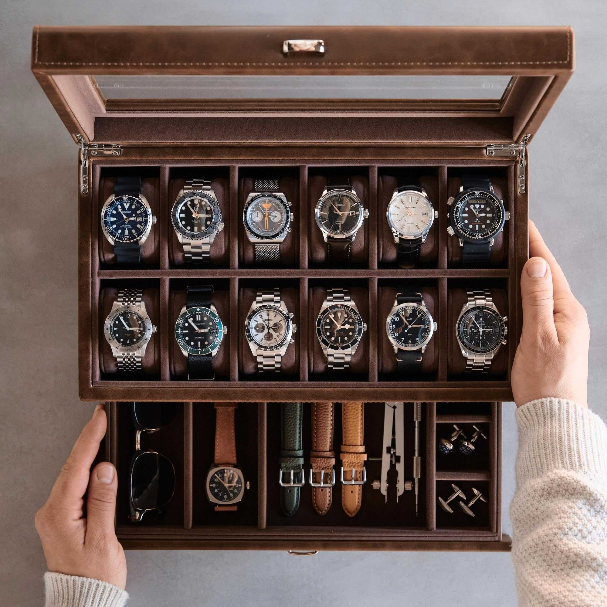 Caja de reloj de 12 ranuras con cajón de almacenamiento