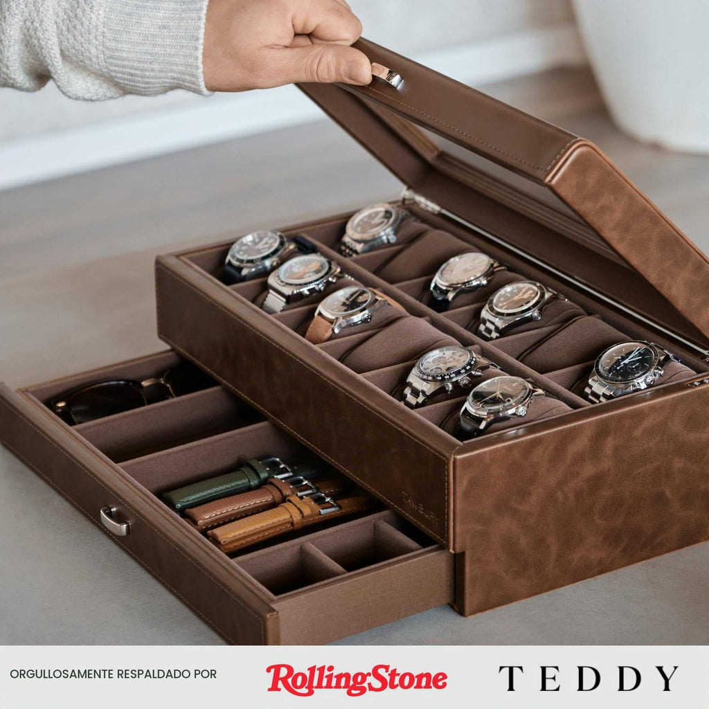 Caja de reloj de 12 ranuras con cajón de almacenamiento