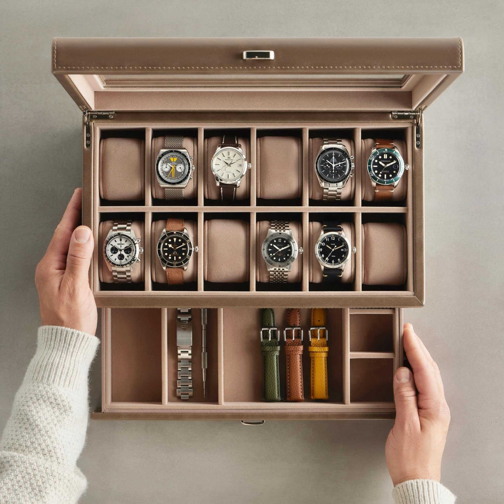 Caja de reloj de 12 ranuras con cajón de almacenamiento