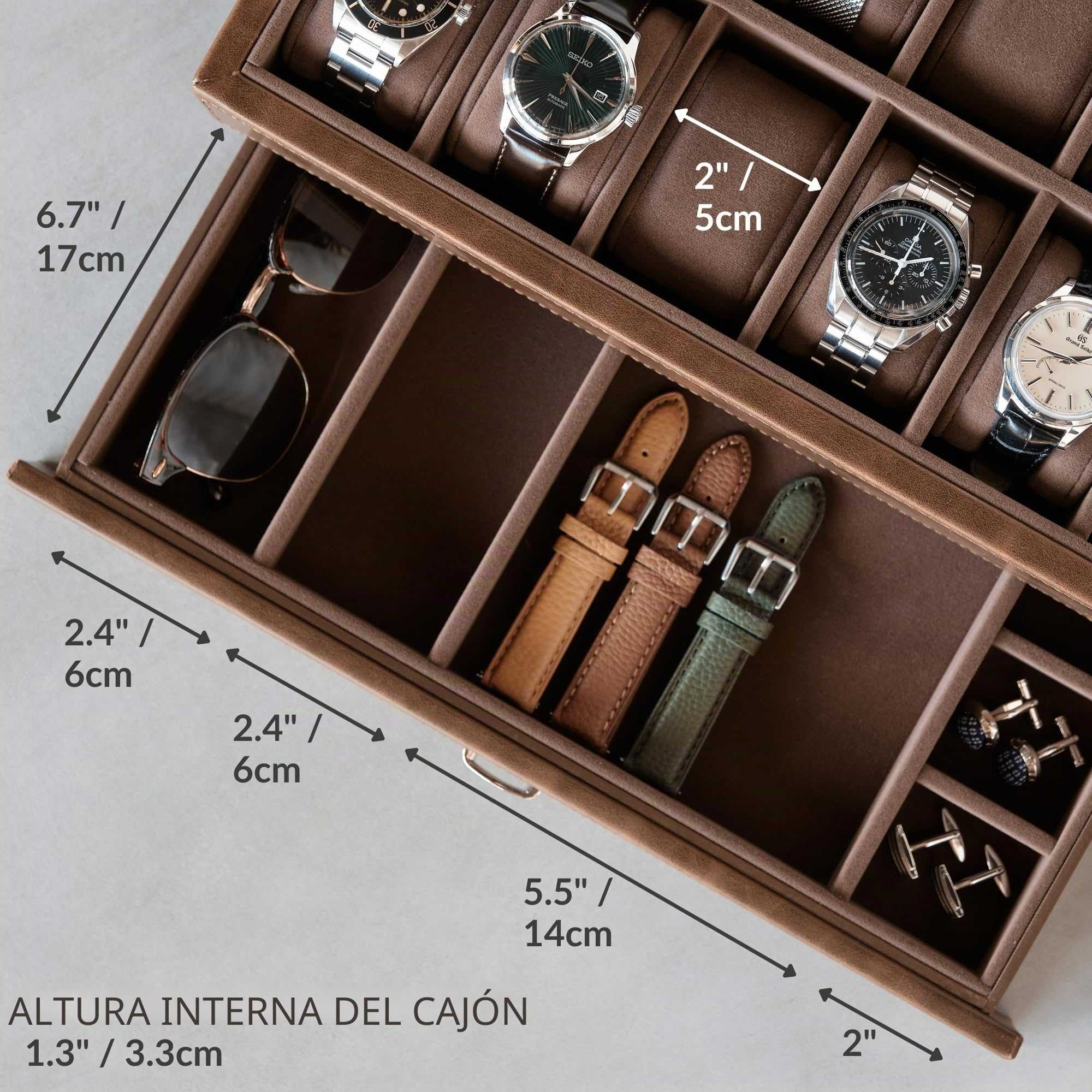 Caja de reloj de 12 ranuras con cajón de almacenamiento