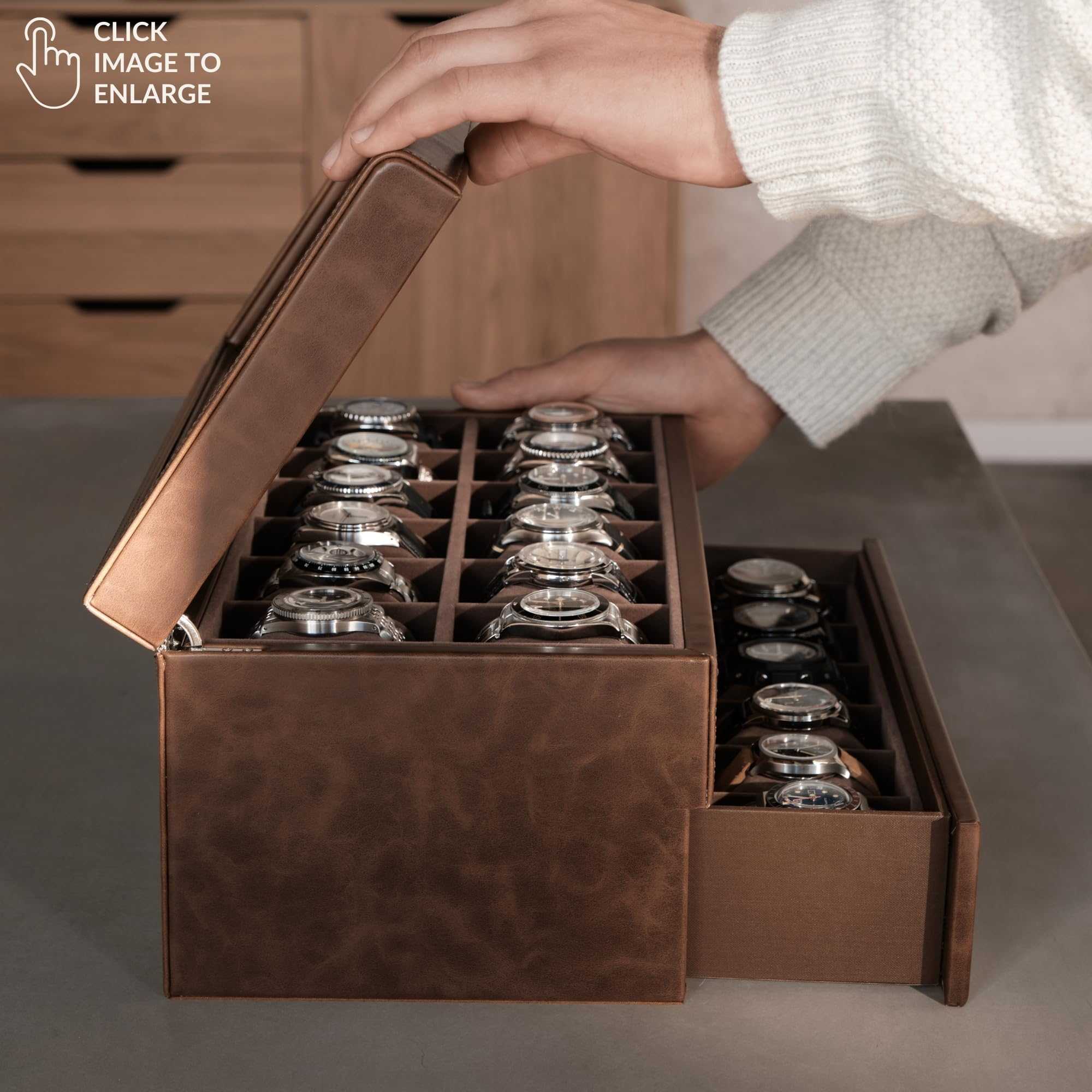 Caja de reloj de 12 ranuras con cajón de almacenamiento