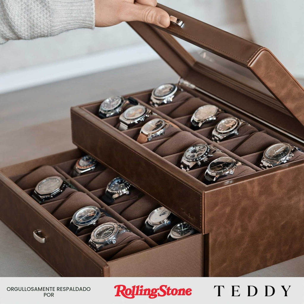 Caja de reloj de 12 ranuras con cajón de almacenamiento