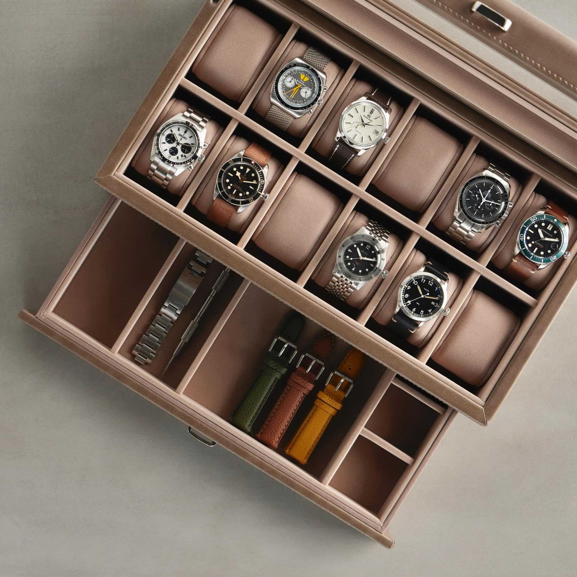 Caja de reloj de 12 ranuras con cajón de almacenamiento