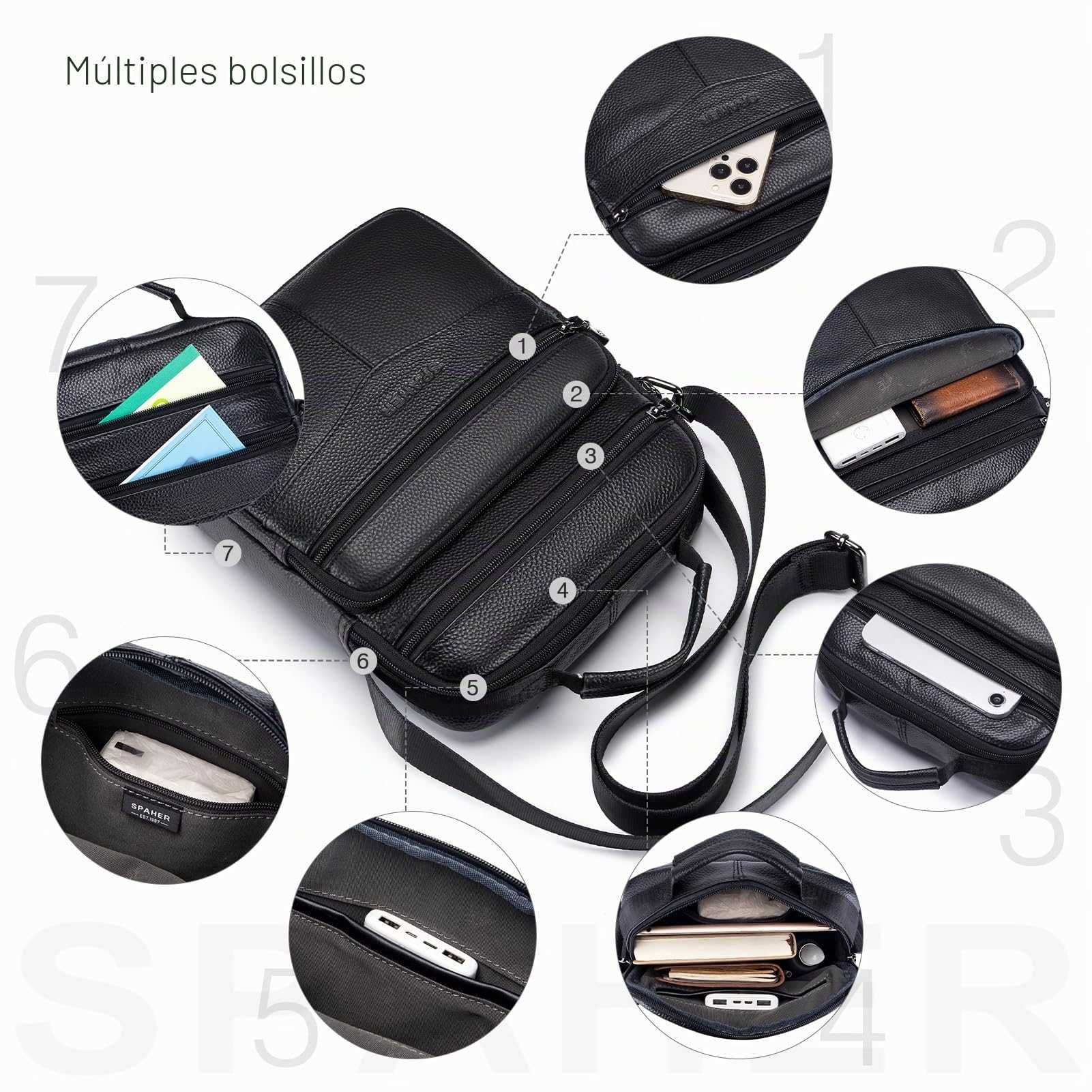SPAHER Bandolera Hombre Piel Grande Bandolera Cuero Hombre Bolsos Caballero Bolso Mensajero Hombre Bandolera Bolso Hombre de Cuero Genuino Bolso de Piel Hombre
