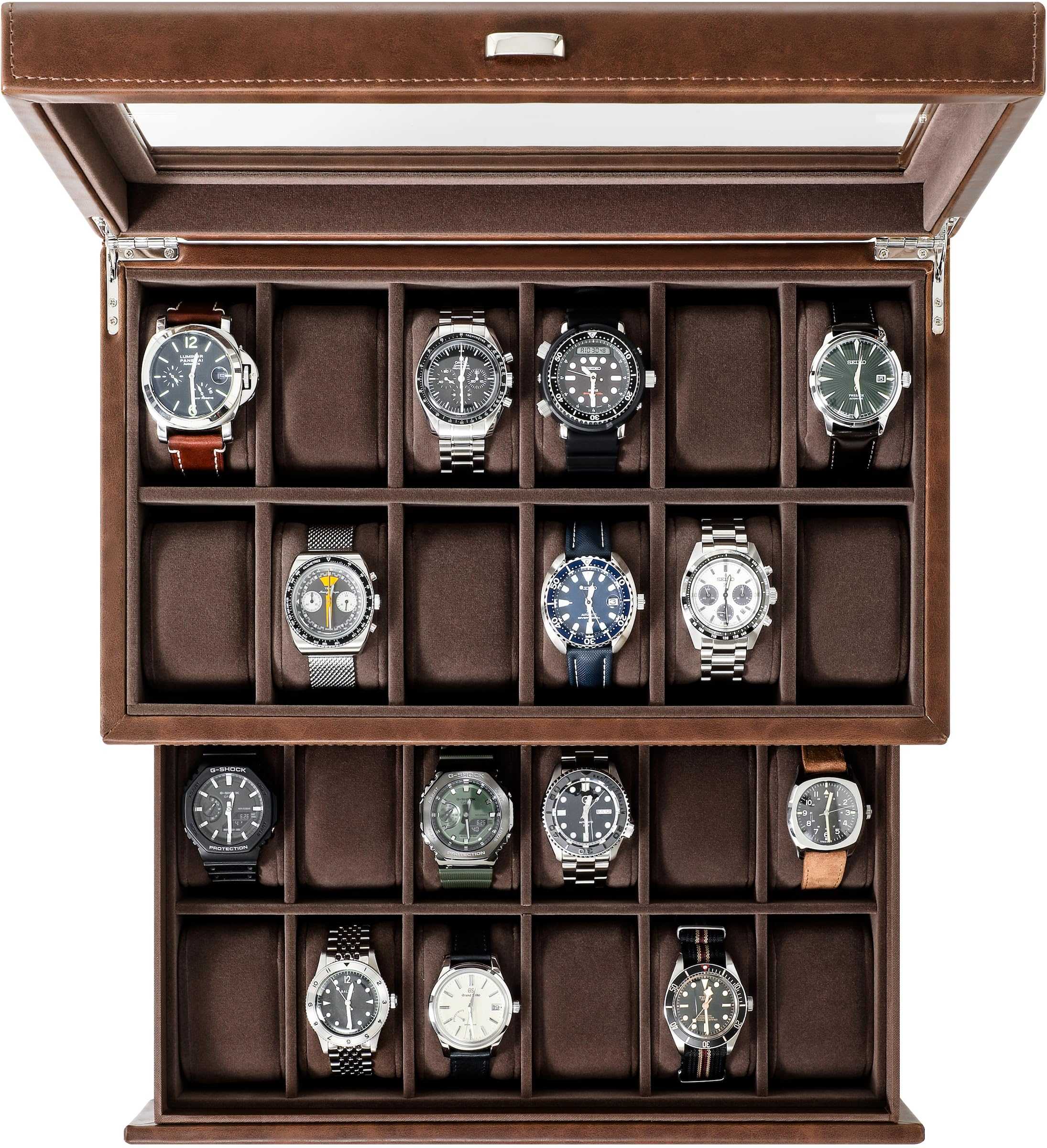 Caja de reloj de 12 ranuras con cajón de almacenamiento